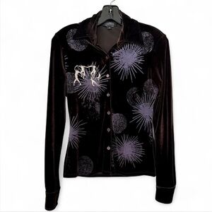 Sz S Brown Velvet Button Down With Matisse Embroidery Design